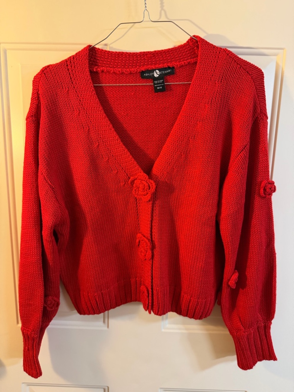 Ashley Stewart Red Cottagecore Knit Cardigan Floral Button Size 10 12